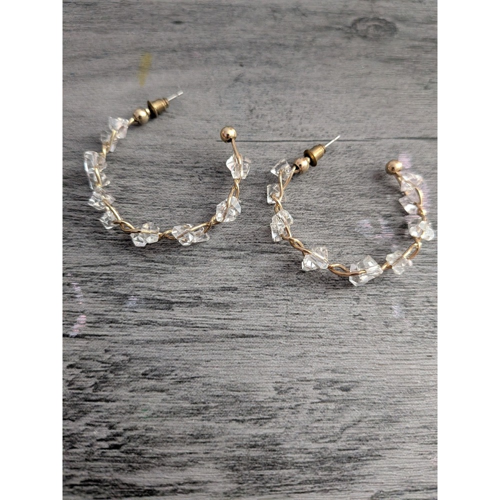 Gold Tone Wire Wrapped Clear Crystal Chip Hoop Earrings Boho C-Shape Post Backs